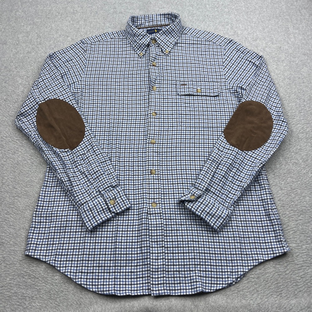 Ralph Lauren Shirt Mens Large Blue Plaid Suede Elbow Patches Button Up Pocket